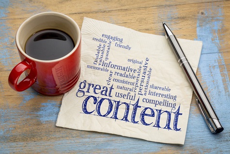Image of a coffee mug and content marketing notes on napkin.