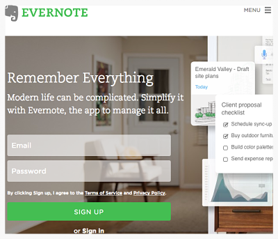 Image of evernote landing page